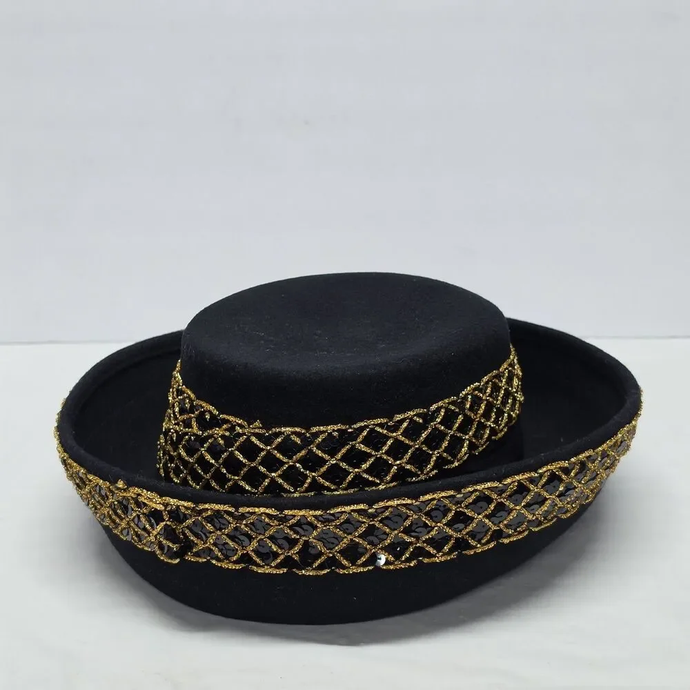 Vintage Doeskin Bollman Bolero Hat Black Wool Felt Sequins And Gold Accent USA